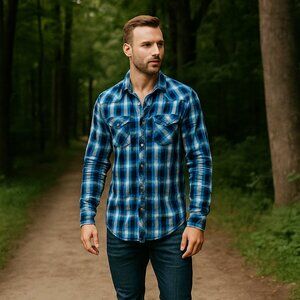 Helix Men M Pearl Snap Athletic Fit‎ Stitch Shoulder Roll Tab Long Sleeve Shirt